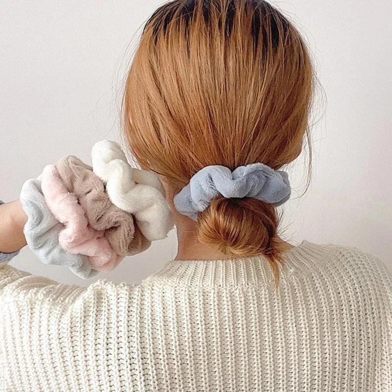 Soild Color Plush Scrunchies Elastic Soft Velvet Hair Ties Women Girls Ponytail Holder Rubber Band For Thick Hair