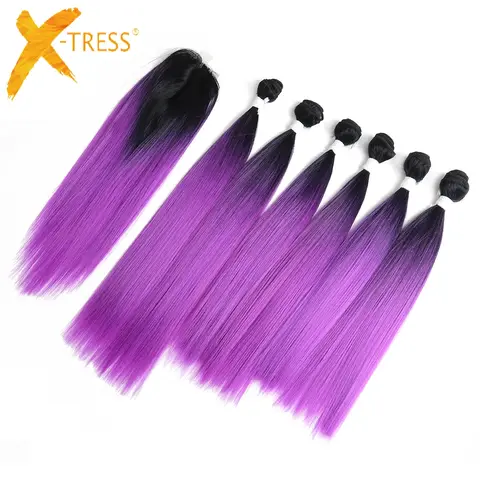 X-TRESS 옴브레 퍼플 레드 컬러 헤어 번들, 레이스 클로저 포함, 야키 스트레이트 합성 번들, 헤어 위빙 익스텐션, 14-18 인치