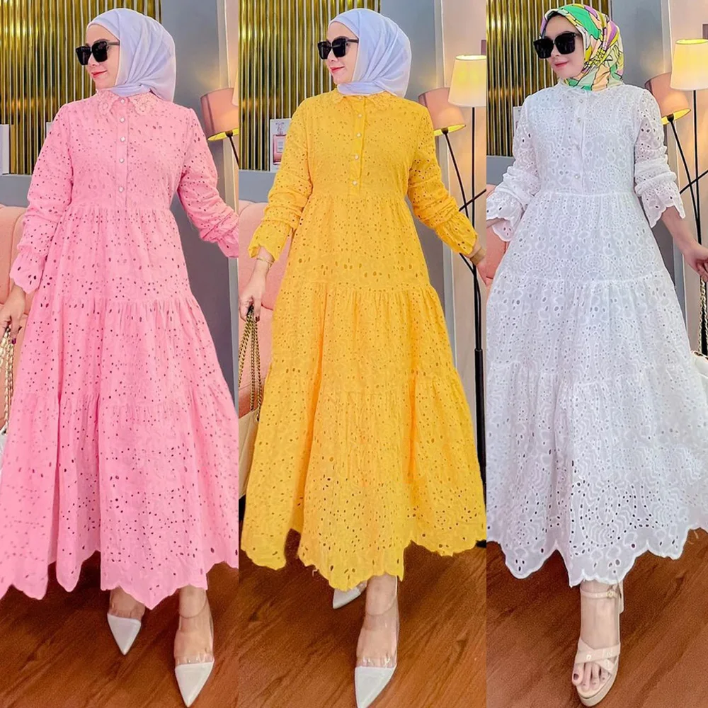 

Arab Turkey Muslim Middle East Women Dress Malaysia Indonesia Hollow Lace Caftan Femme Musulman Longue Vestido Robe Abaya Kaftan