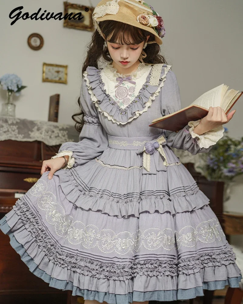 

Lolita Op Dress Girl Women's Vintage Flower Embroidery Ruffled Slim Long Sleeve Dress Fairy Long Princess Dresses