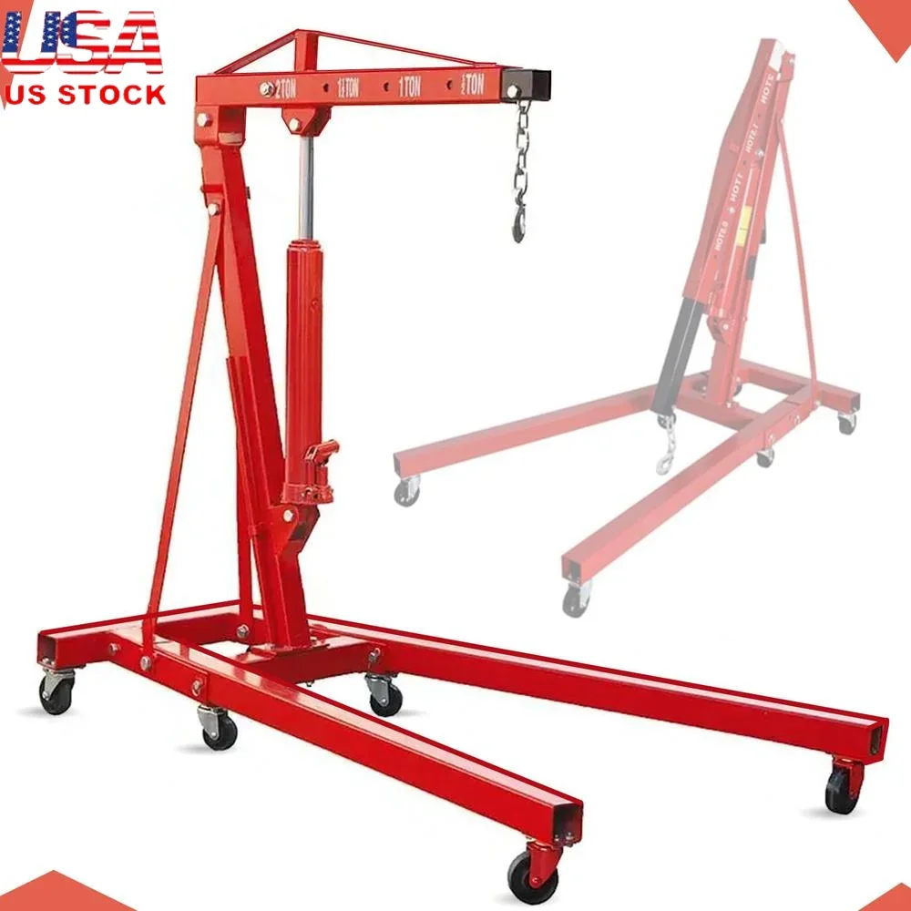 

2T Engine Motor Hoist Steel Cherry Picker Crane Foldable Red Hydraulic 360° Castors Stable Design Adjustable Load Arm Smart