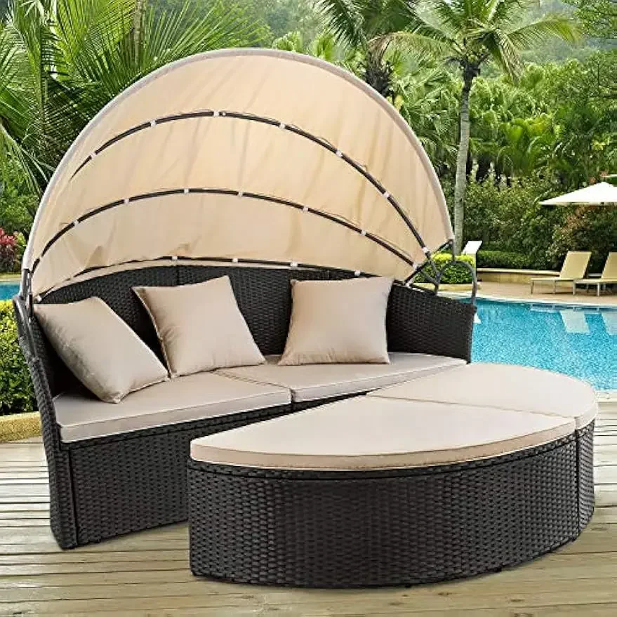 Patio Furniture Outdoor Round Daybed with Retractable Canopy Wicker Rattan Separated Seating Sectional Sofa