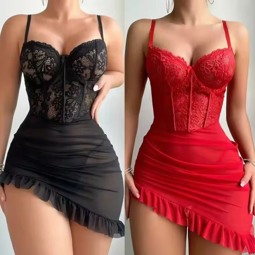 

Transparent Underwire Bra Erotic Sexy Set Fairy Lingerie Delicate Sexy Nighty Women's See Through Lace Nightdress Pajamas Sets