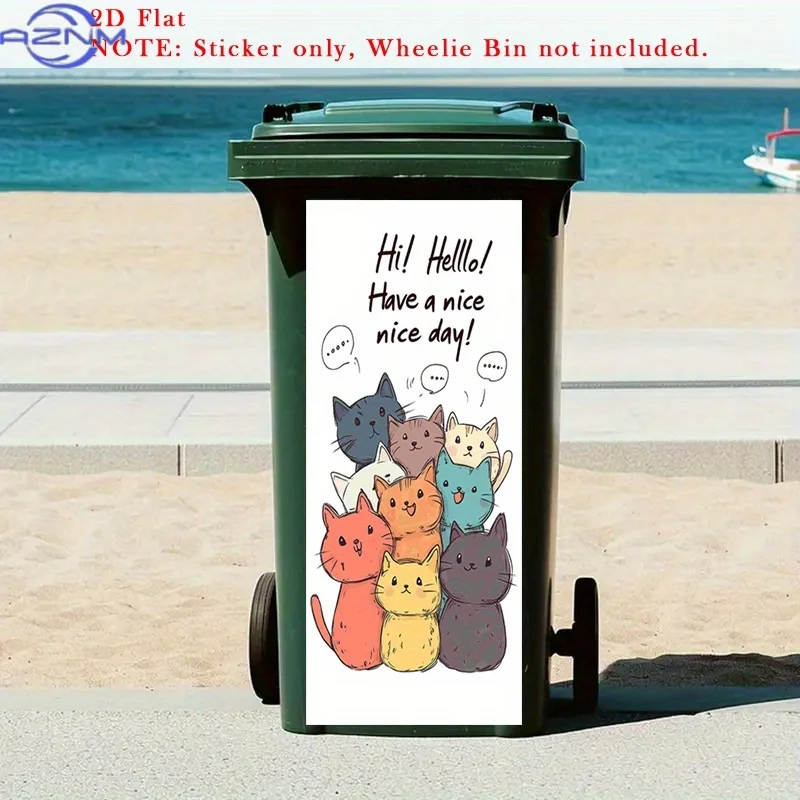 2D Flat 1pc Cute Cats Art Trash Can Sticker for Bedroom Livingroom Bathroom, Chatty Animals Stickers, Friendly Greeting Self-A