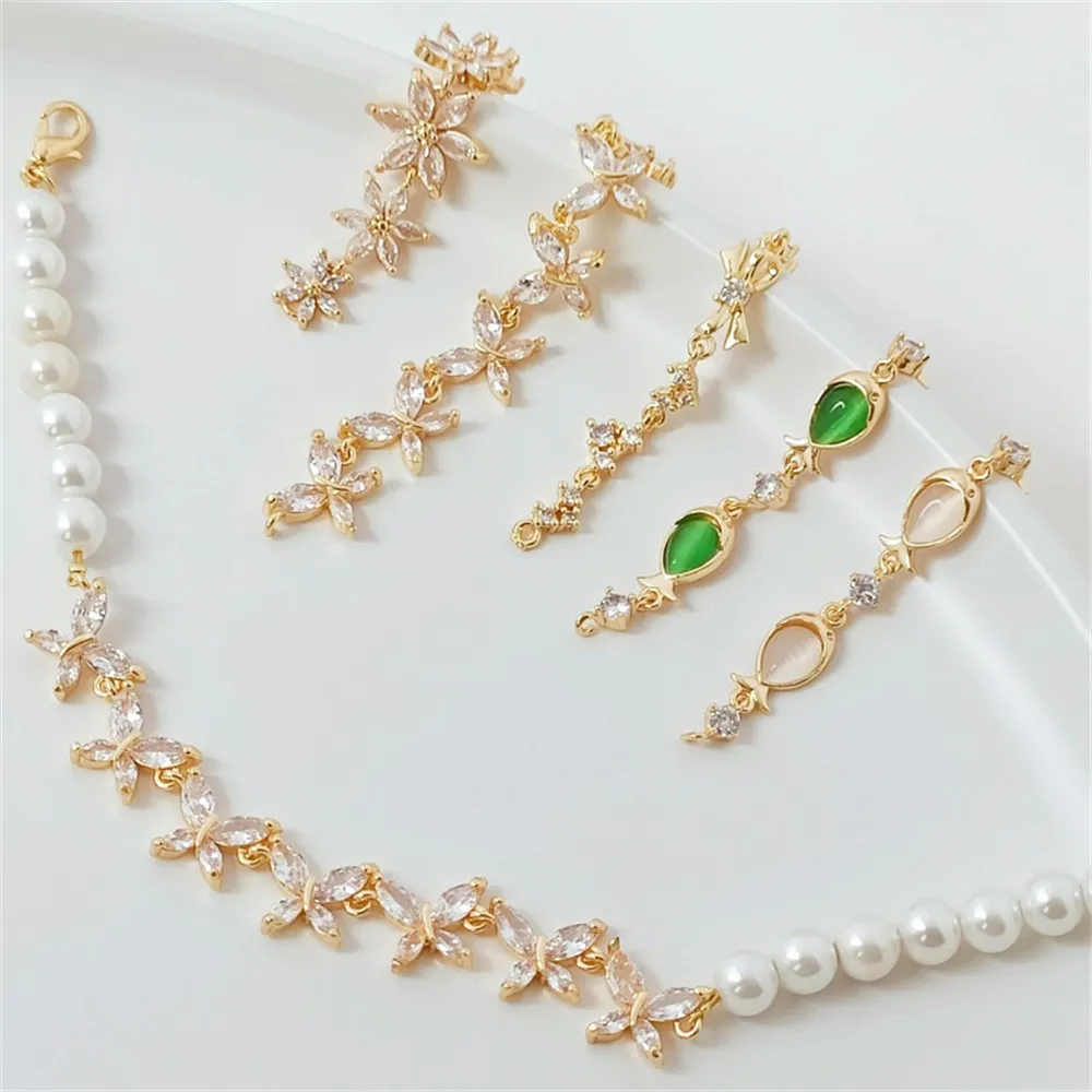 

Бант с инкрустацией цирконием, шестилистный цветок, маленький бант в форме сердца, кошачий глаз, маленькая рыбья звено, двойные подвесные украшения своими руками