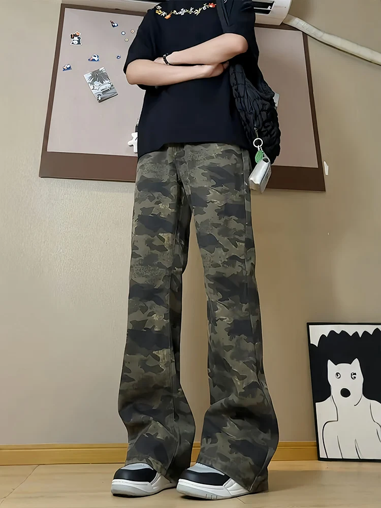 

Камуфляжные широкие мужские джинсы American Vibe с высокой талией, зауженные облегающие прямые джинсы чистого кроя, повседневная модная осенняя одежда