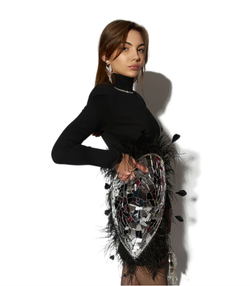 Gorgeous Feathers Heart  Mirror Surface Black Mini Bandage Dress Cool Fashion Woman Evening Party Vestido Performance Costume