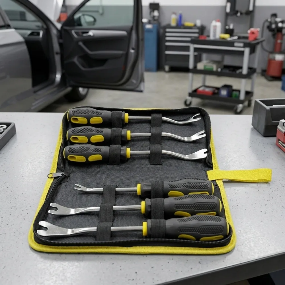 Car Trim Fastener Removal Tool Kit for V-Shaped and U-Shaped Plastic Clips 6-Piece Steel-and-Rubber Set with Hanging Loop