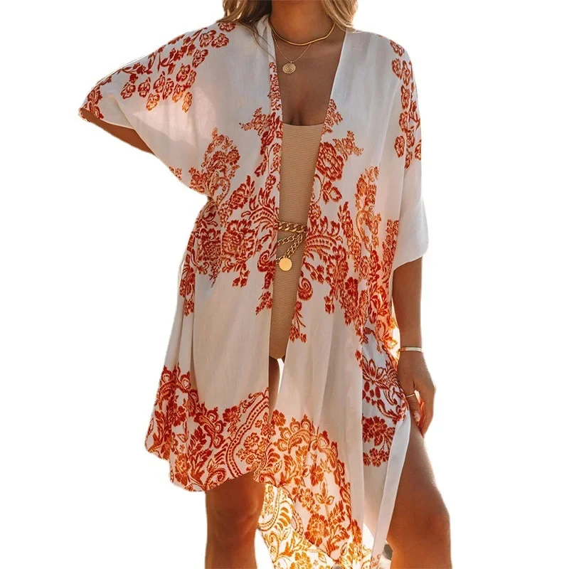 Vintage Chiffon Print Vrouwen Cover-Ups Chique Zomer Strandvakantie Bodycon Jurk Strand Cover Up Vrouwen Sexy Split V-Hals Mini Jurk