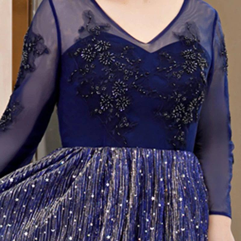 Sequins A-Line Evening Dress Lace Up V-Neck Embroidery Full Sleeves Elegant Floor-Length New Plus Size Women Formal Gowns D855