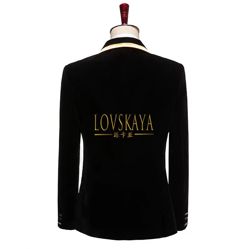 Black velvet suit men's flat velvet embroidered edge lapel collar stage performance host top