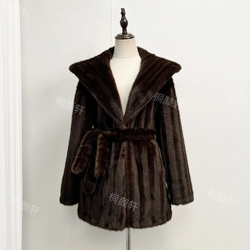 A New Eco-friendly Mid-length Fur Coat Imitating Mink, with A Fitted Hood Fur in One Piece,warm Elegant Coat for Autumn Winter