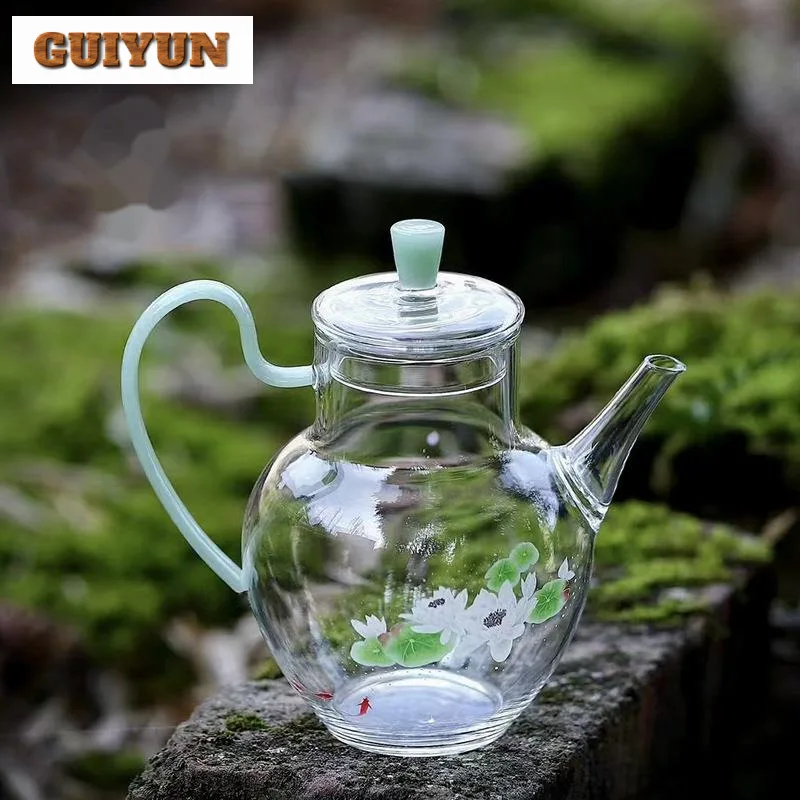 450ml Creative Fish Playing Lotus Glass Tea Pot Special Green Brewing Kettle Cold Making Teapots One Person Holding Teaware Gift