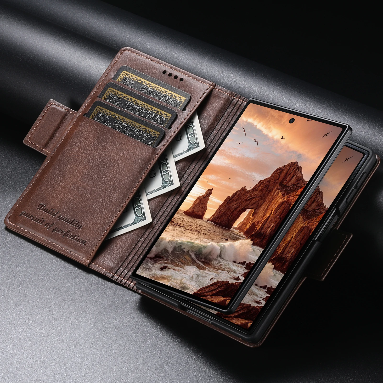 SUTENI for Samsung Galaxy Z Fold 8 Phone Case Magnet Buckle Card Holder Stand Flip Cover Wallet Faux Leather