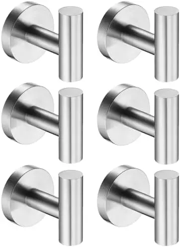 

6 Pack Stainless Steel Towel Hooks - Brushed Nickel, Wall Mounted Robe Hooks for Bathroom, Kitchen, Closet - SUS 304 Rustproof D