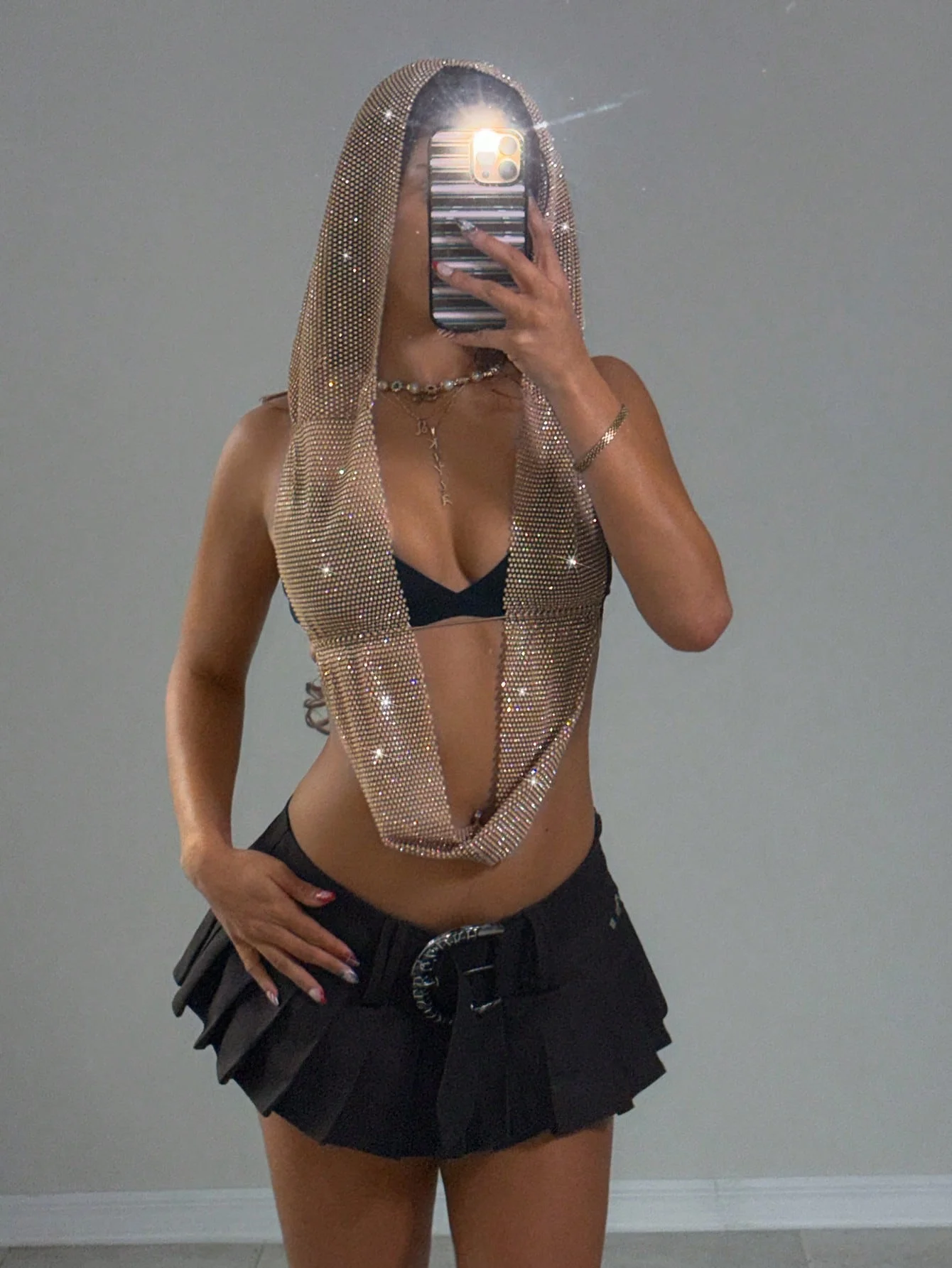

Sexy Rhinestone Hooded Top Women Shiny Crystal Mesh Deep V Neck Backless Party Club Rave Outfit Festival Nightclub Birthday Wear