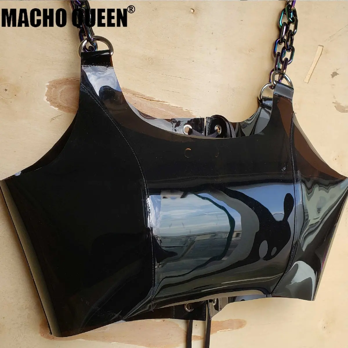 Handmade Gothic Shinny Black Latex PVC Vinyl  Chain Top Drak Goth Fashion Fetish Costumes