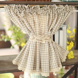 Beige Plaid Short Cabinet Curtains Rustic Farmhouse Rod Pocket Window Valances Ready Made for Kitchen Cafe Home Decor