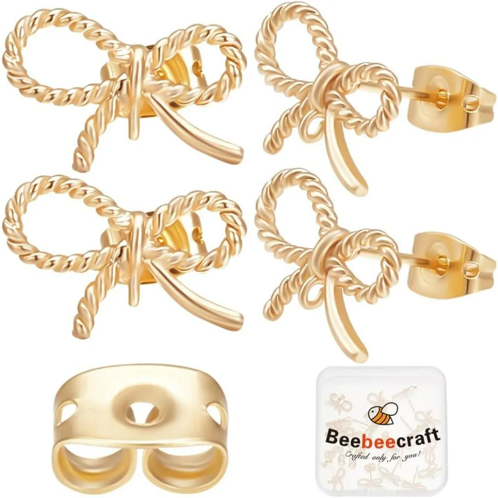 Beebeecraft 1 Box 20Pcs Bowknot Earring Stud Findings 18K Gold Twist Rope Earring Posts with Loops Earring Component and 20Pcs