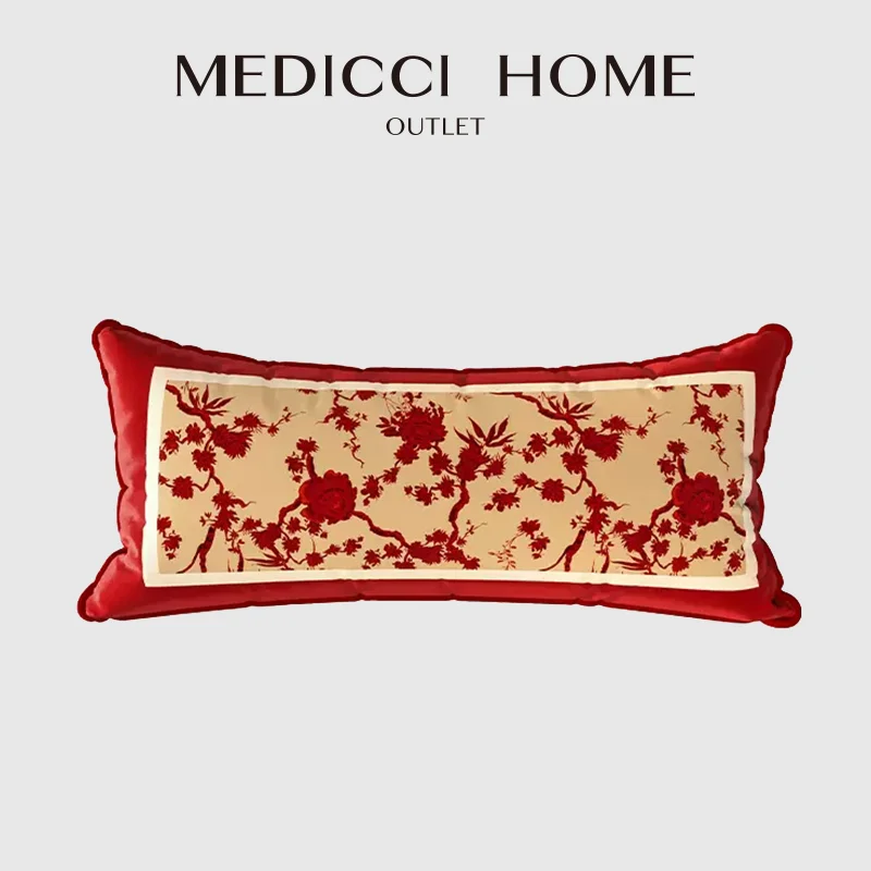 

Medicci Home Modern Retro Red Lumbar Pillowcase Luxe Velvet French Sketch Wallpaper Floral Print Rectangle Cushion Cover 30x70cm