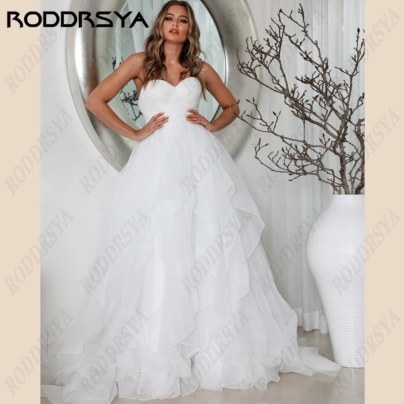 RODDRSYA-Vestidos De Novia sin tirantes para mujer, traje De princesa, línea A, sin mangas, estilo bohemio, tul, espalda descubiertaVestidos De Novia sin tirantes para mujer, traje De princesa, línea A, sin mangas, est