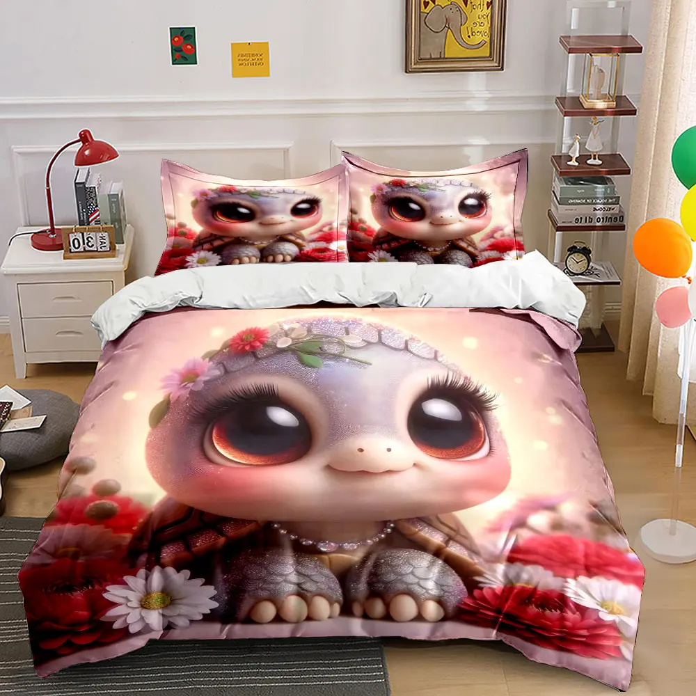Adorable turtle with floral decor Bedding Set for Kids Luxury Gift 3pcs Digital Print Comforter Set Soft Comfortable Breathable