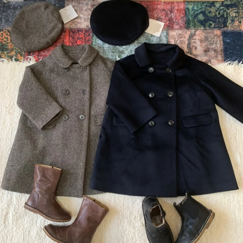 

Classic Children's Double-breasted Wool Coat Sets Boys' Casual Checked Trousers Girls' Sleeveless Warm Dress