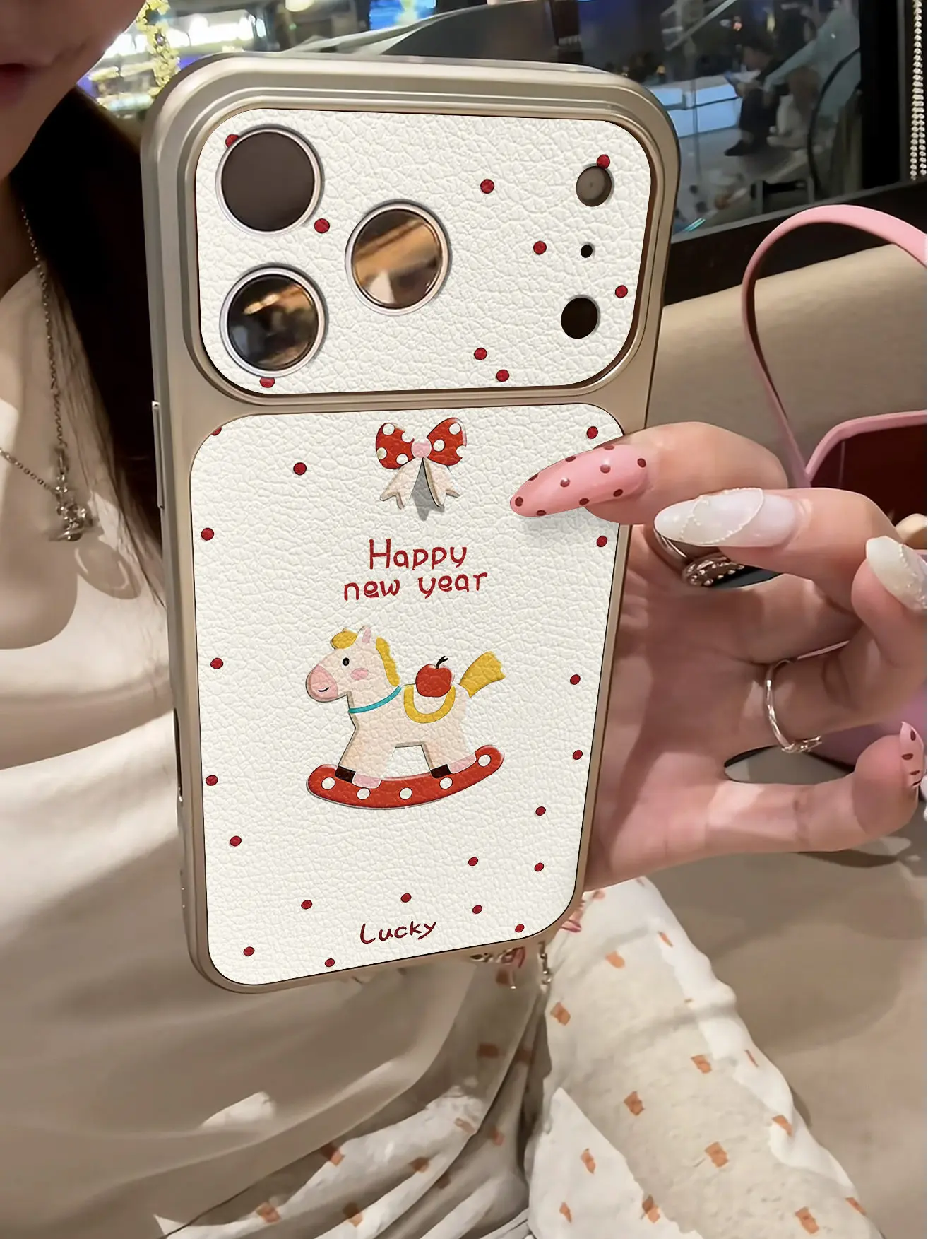Einfache Polka Dots Luxus-Imitation 17 Handyhülle für iPhone 13 14 15 16 17 Pro Max 17Pro, plattierter Stoßfänger, stoßfeste Lederhülle – Detail 3