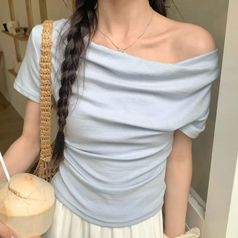 Off Shoulder Slash Neck Short Sleeve Tees Cotton Shirts for Women 2024 Ropa Mujer Crop Top Pink White Camisetas Y2k Tshirt