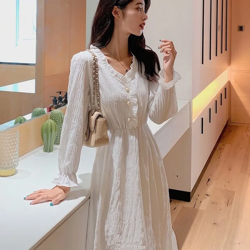 Women Autumn Vintage Fashion Pleated Solid Color V-neck Long Sleeve Midi Dress Ladies Casual All-match Appear Thin A-line Skirt