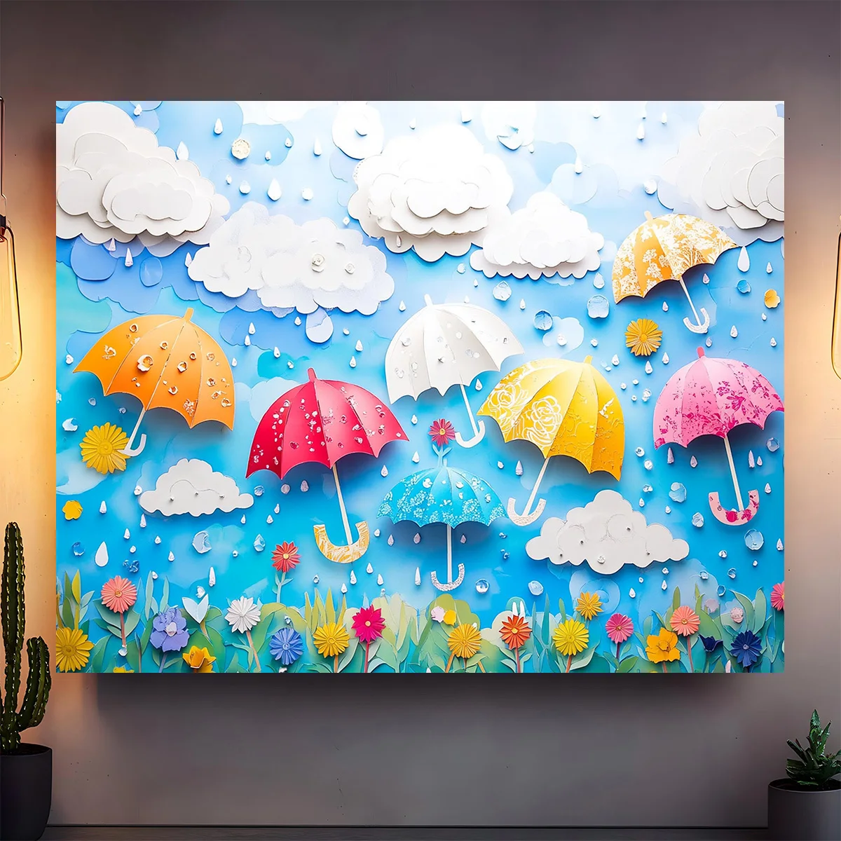 1 Stück buntes Regentag-Hintergrundtuch – heller Regenschirm, Wolke, Regentropfen und Blumenmuster, strapazierfähiges Polyestermaterial