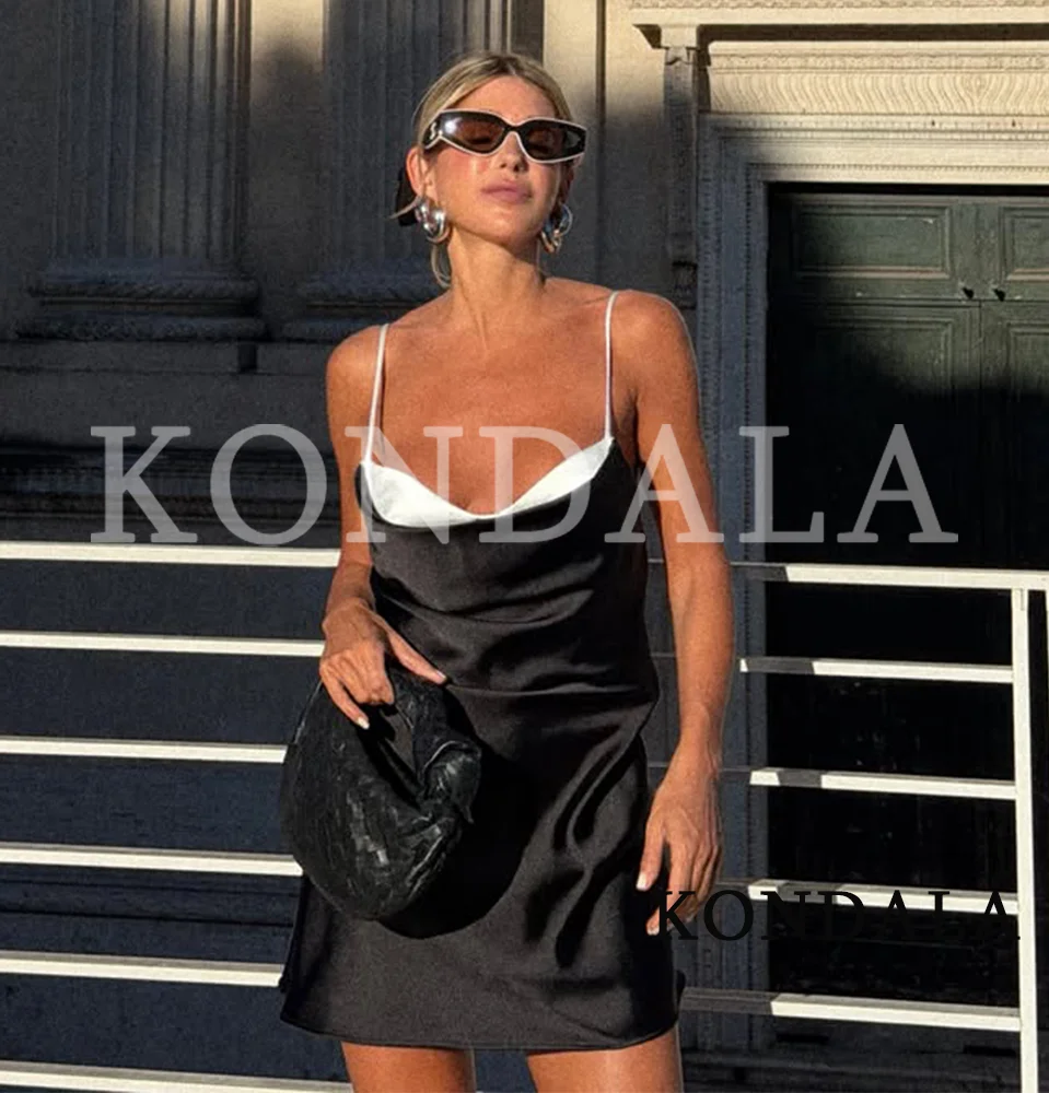 KONDALA Women Summer Chic Satin Mini Dress Elegant Contrasting Neckline Suspender Dress New 2026 Fashion Dinner Party Sexy Dress