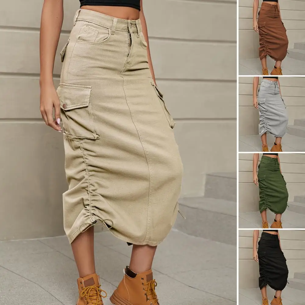 2023 Ruched Drawstring Parachute Cargo Black Gray Beige Maxi Skirt Long Skirts Women High Street Streetwear