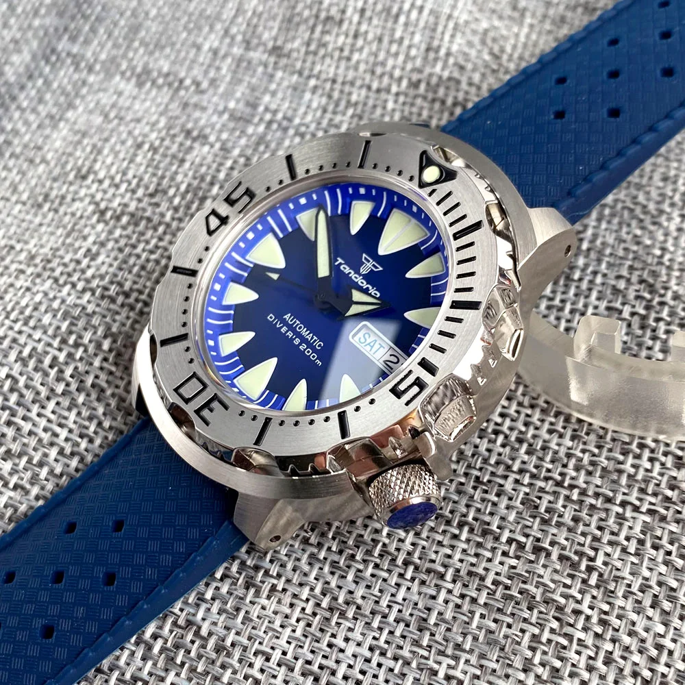 Imagem -04 - Tandorio-monster Blue Dial Relógio Automático para Homens ar Sapphire Glass 38 Horas Crown Lume 20atm Mergulho Rubber Strap 42 mm Nh36a