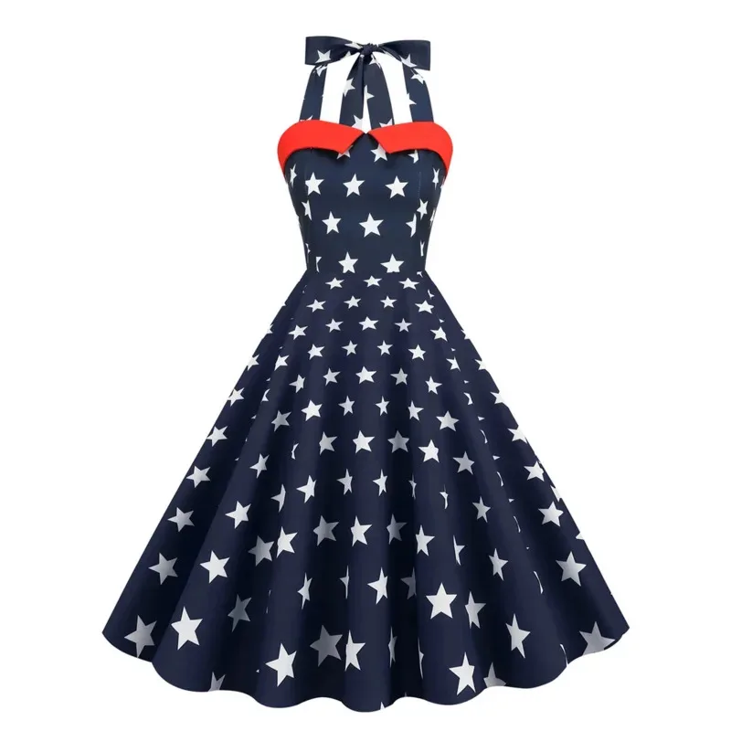 

Женское летнее сексуальное платье в стиле ретро со звездами, сине-красное винтажное платье с лямкой на шее, халат Femme Pin Up 50S, 60-е годы, рокабилли, вечерние платья GV9542s; 2'd,5.h;