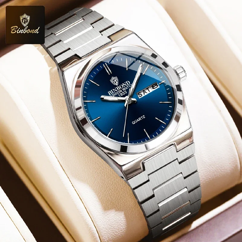 BINBOND Top Brand Business Women Square Watch Steel Belt Double Calendar Waterproof Female Personalized Trendy Quartz Watches