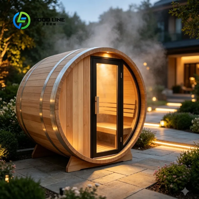 Shaped Pine Sauna Featuring Panoramic Glass Front Matte Black Frame and LED Lit Multi Level Bench Interior Customized