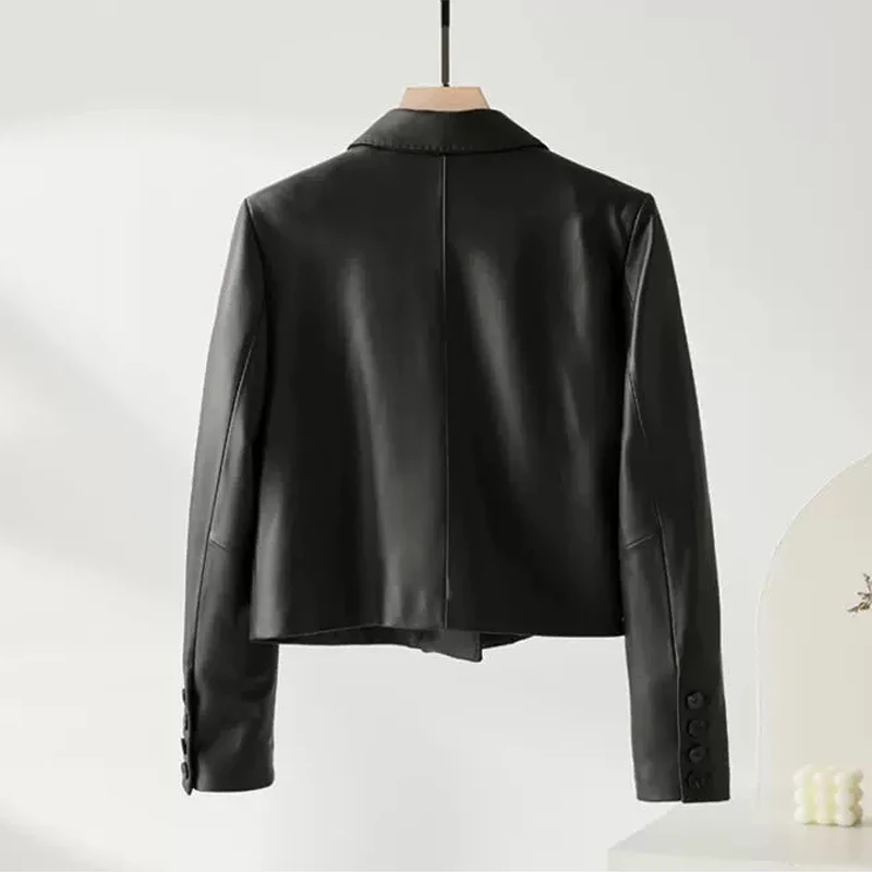 S-2XL المرأة الجلد الحقيقي قصيرة السترة الستر موضة شارع العليا التلبيب الإناث كم كامل سليم صالح سترات من جلد الغنم معاطف