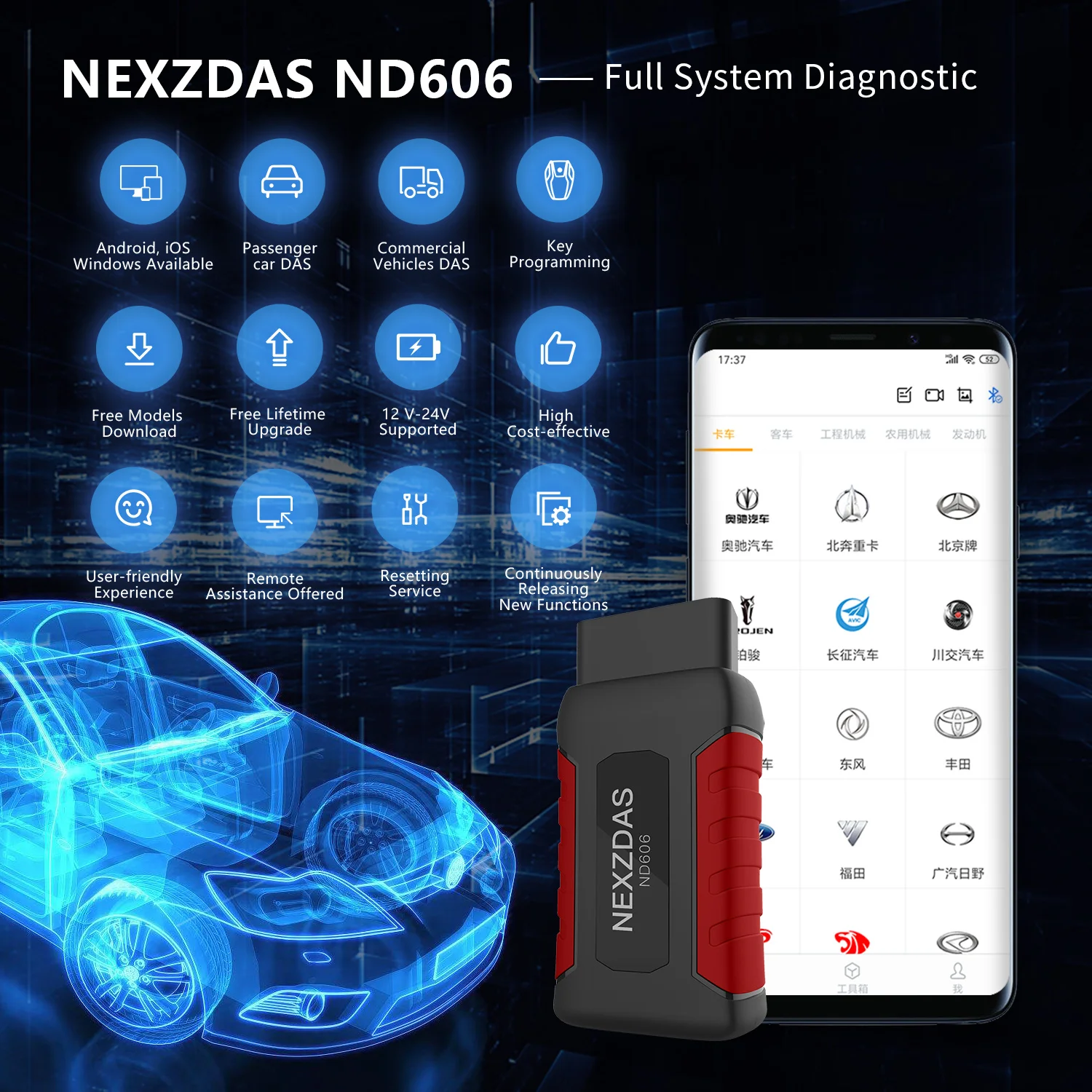 Humzor ND626 Full System OBD2 Automotive Reset Service Read Clear Code Car Diagnosis OBD2 Scanner 12V/24V Heavy Duty Truck