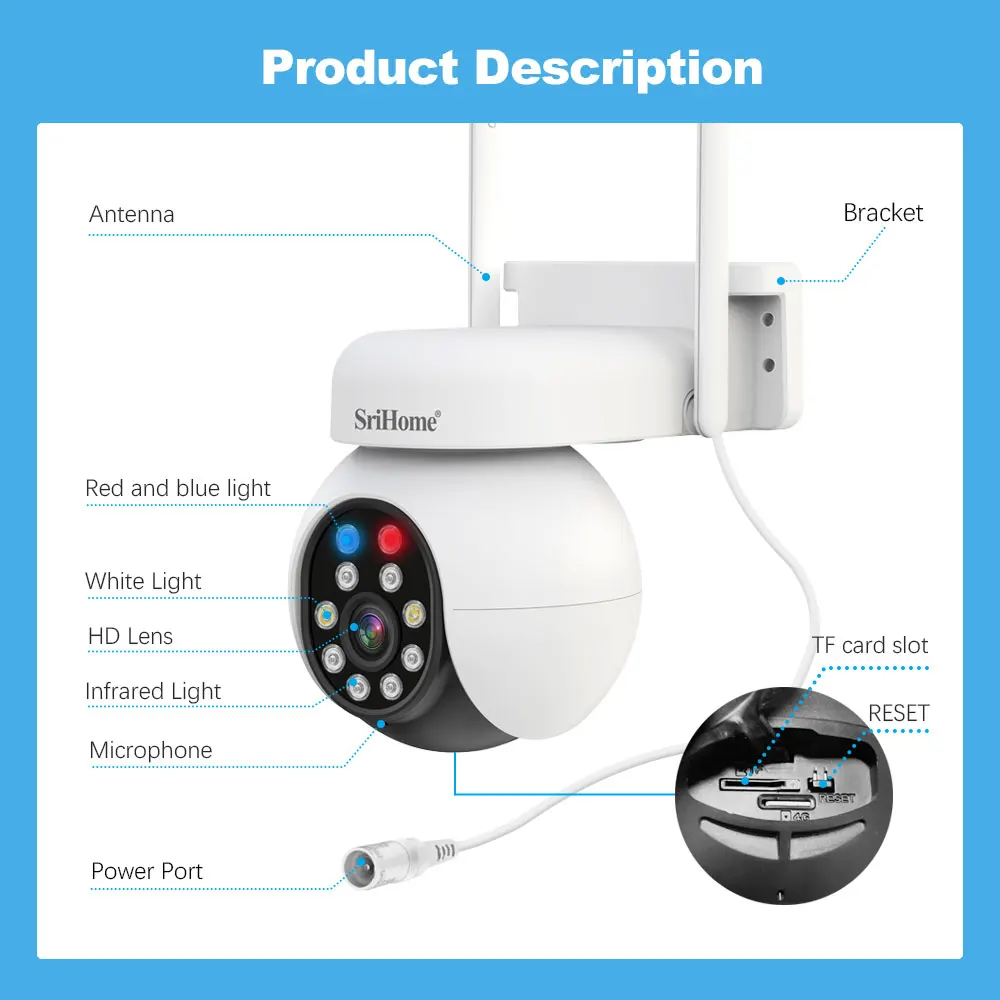 SriHome SH052B 5MP PTZ Camera FHD outdoor Camera for home Wireless Security Camera System CCTV