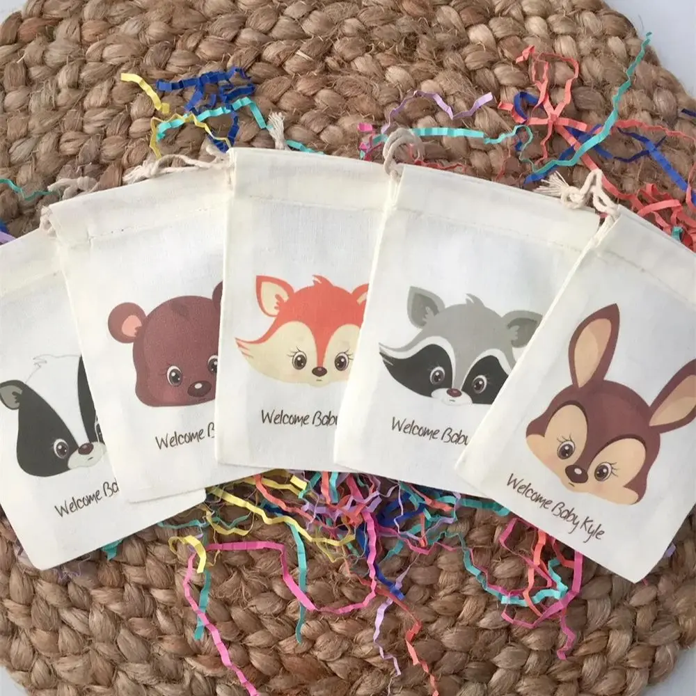 25PCS Personalized Woodland Forest Animal Theme Birthday Party Favors or Baby Shower Favors - Custom Muslin Cotton Bag