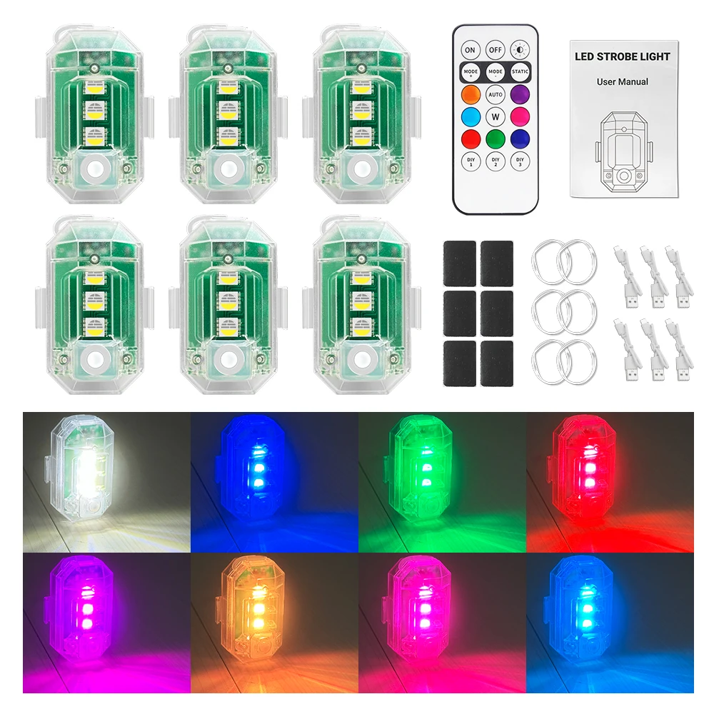 Motorcycle RGB LED Strobe Lights with Remote Control USB Rechargeable Anti-Collision Warning Light, Wireless LED Lights