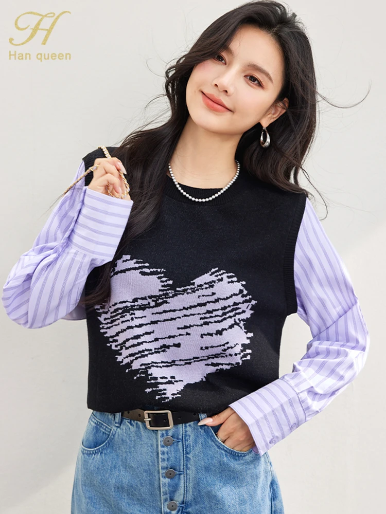 

H Han Queen New Korean Style Women Pullovers Sweater Women's Clothing Loose Patchwork Long Sleeve Knitwear Work Casual Tops