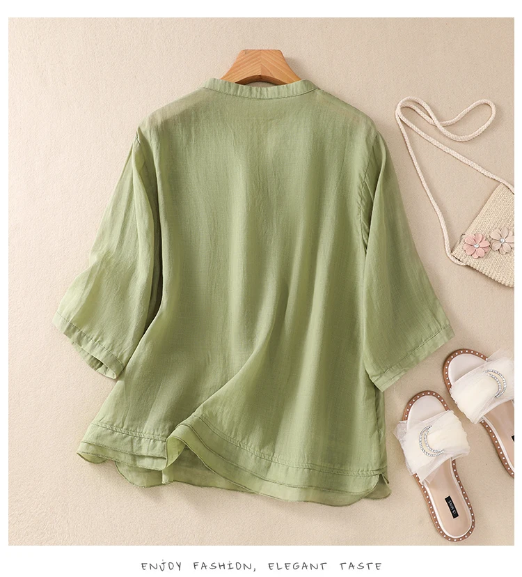 Embroidery Women\'s Shirts Summer New Chinese Style Blouses Cotton Linen V-neck Ladies Clothing 2023 Solid Loose Tops