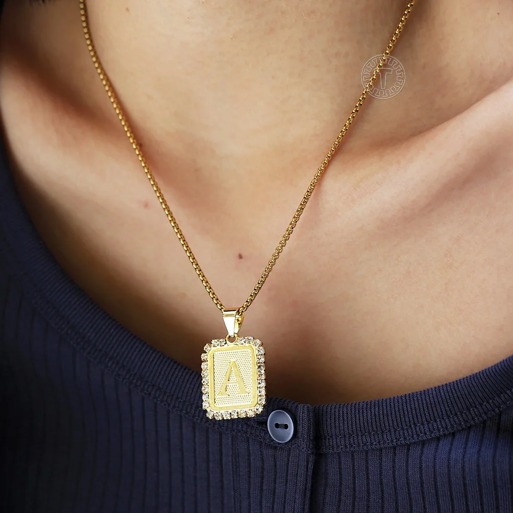 26 Letters Necklace Crystal Rhinestone Square Pendant Box Chain for Women Men A - Z Initia Name Jewelry Gift Wholesale GP441B