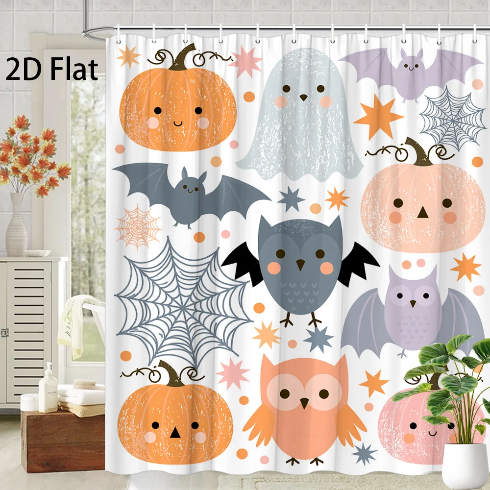 Cute Cartoon Halloween Shower Curtain, Pumpkin Ghost Bat Owl Decor, Kids Waterproof Polyester Bath Screen, Festival Home