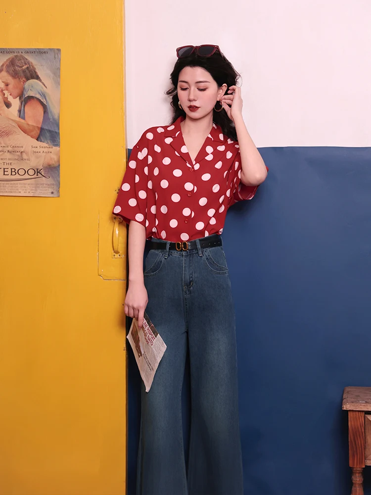 

Floral Summer Women's Shirt Vintage Hong Kong Style Polka Dot Short Sleeve Loose Fit Daily Commute New Arrival Polyester Fiber