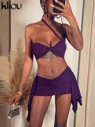 kliou Sexy Women 2 Piece Set Slash Neck Wrap Chest Bra+Irregular Tassel Slim Ruched Mini Skirts Female Party Midnight Clubwear