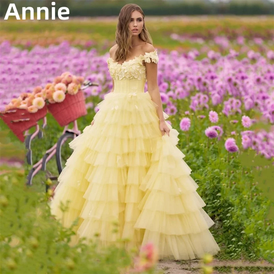 

Annie Yellow Prom Dresses 3D Appliqué Tulle Layering Corset Prom Dress 2024 Vestidos De Fiesta Princess Graduation Party Dresses