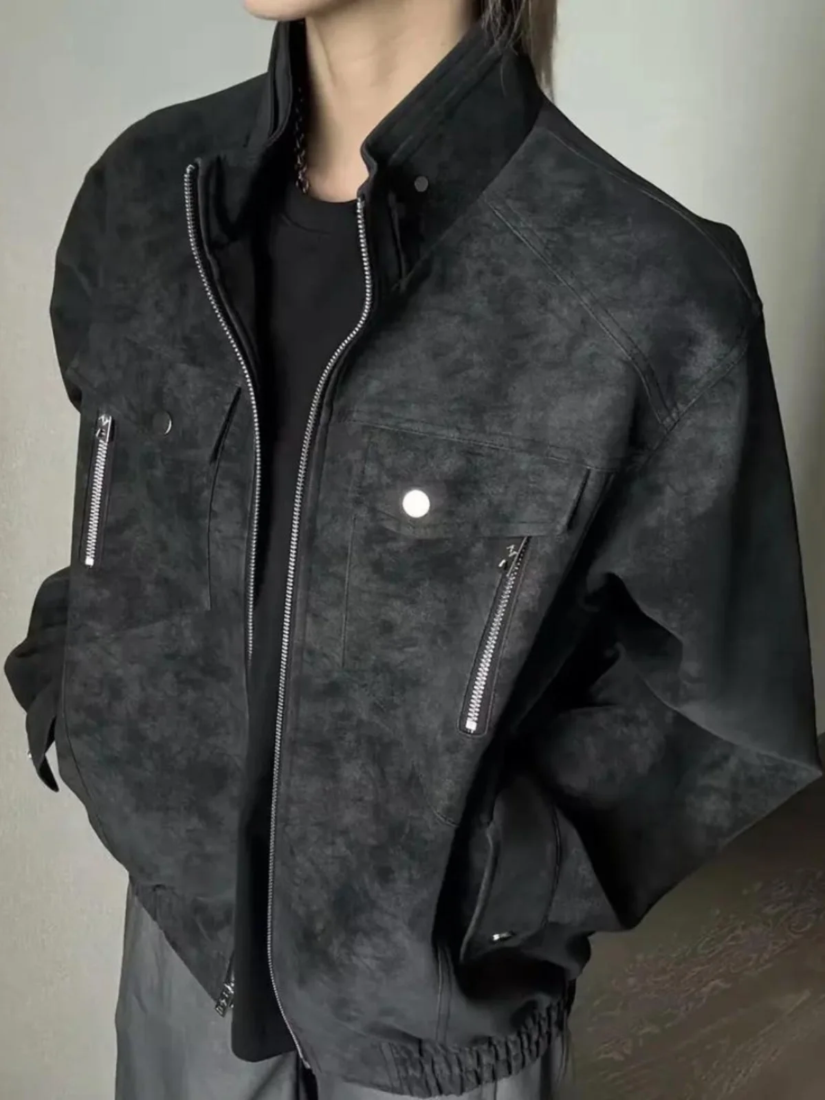

Cleanfit American Sle Men's Spring PU Leather Dye Jaet Stand Collar Workwear Harington Coat Multi ket Outdoor Casual